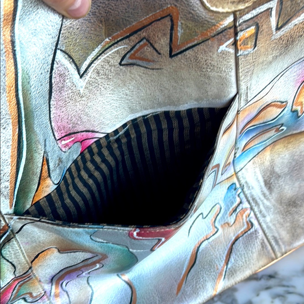 80’s RARE RETRO Leather Hand Painted Tote Shoulder Bag - Picture 16 of 17